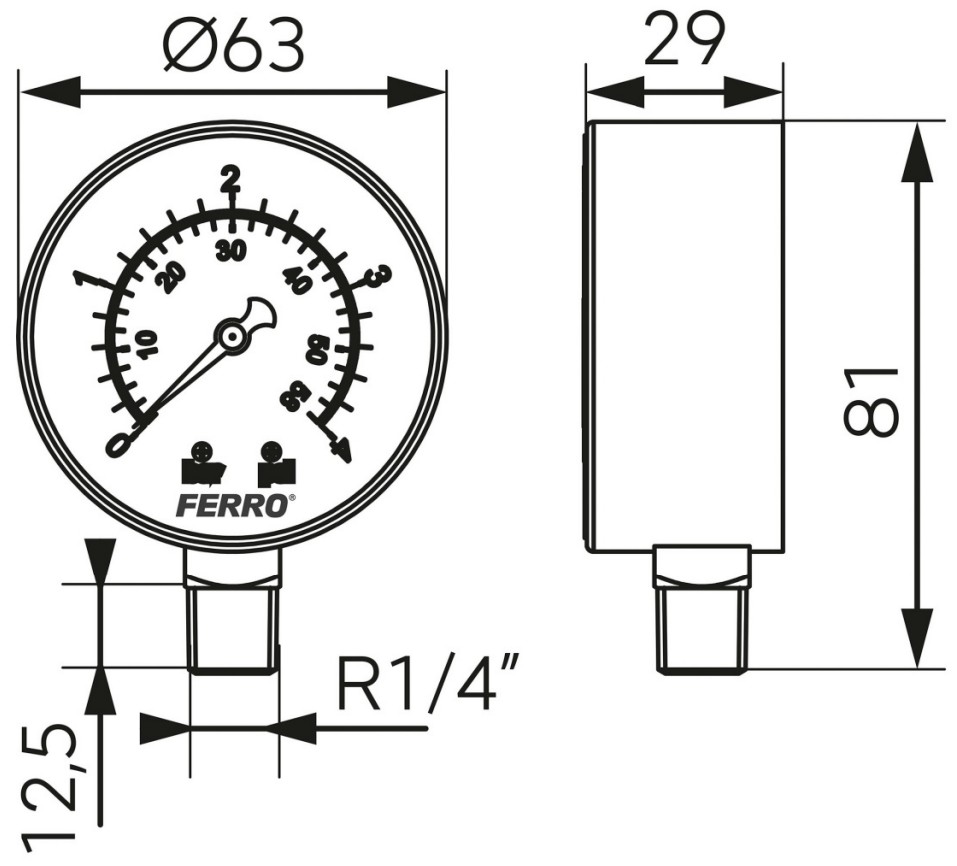 FERRO Manometer rozmery, TERMOobchod